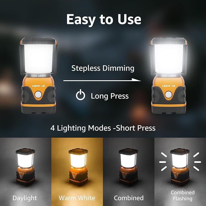 Lepro 1000LM Battery Powered LED Camping Lantern with 4 Light Modes, Orange | Waterproof Tent Light, Camping Essentials, Lantern Flashlight for Camping, Emergency Light, Power Outages, Not Rechargeable