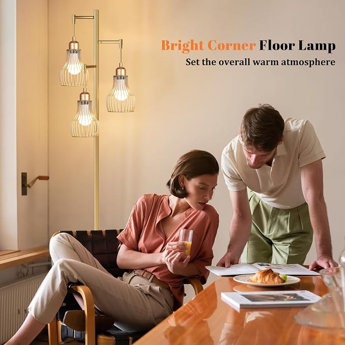 Ziisee Dimmable Gold Floor Lamps for Living Room, Farmhouse Tree Standing Tall Lamp with Remote Control 3 Elegant Cage Shade LED Bulbs for Bedroom Office - Gold