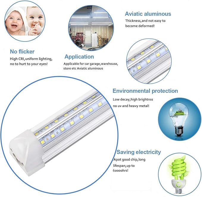10Pack 8FT LED Shop Lights, 100W 16000LM 6500K Linkable Shop Light, High Output Clear Cover, Integrated T8 8FT LED Tube Light for Garage, Workshop, Warehouse, Barn, Plug and Play