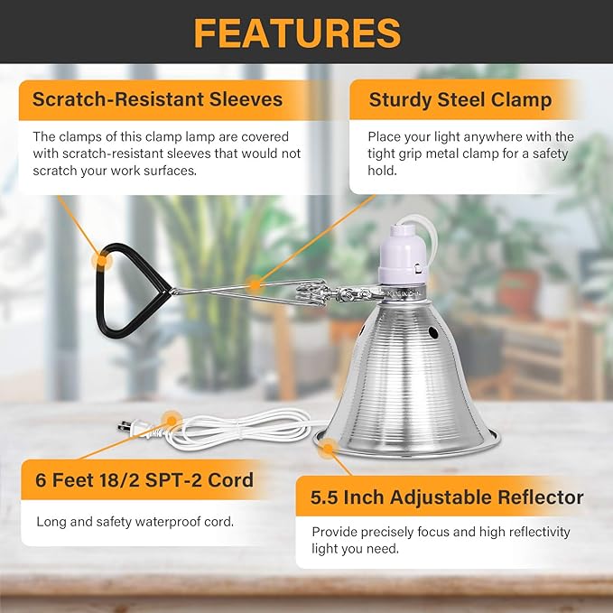 Simple Deluxe Clamp Lamp Light 60 Watt with 5.5 Inch Aluminum Reflector (no Bulb Included), 6 Feet Cord, 2 Pack, White