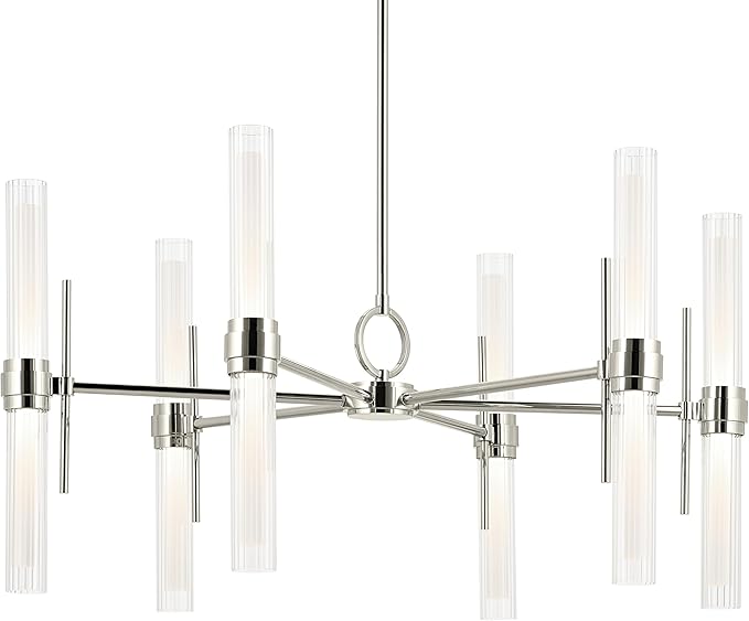 Kichler Riven LED 12-Light Chandelier with Clear Fluted Glass in Polished Nickel, Sloped Ceiling Compatible, for Kitchen or Dining Room (17" x 33"), 52752PNLED
