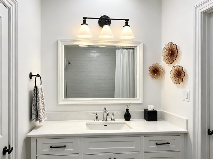 Vintage Industrial 3-Light Bathroom Vanity Light with Milk Glass lampshade – Antique Brass Wall Sconce for Over Mirror, E26 Socket, Hardwired Installation