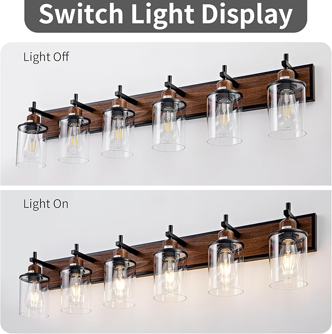6-Light Farmhouse Bathroom Light Fixtures Vintage Bathroom Vanity Lights Over Mirror Black and Wood Painted Metal Vanity Light for Bathroom with Glass Shades E26 Socket
