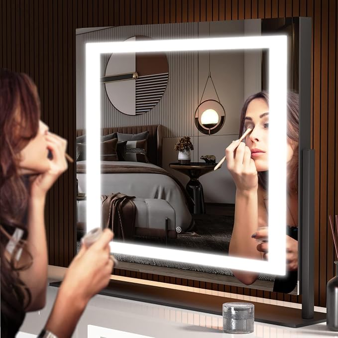 Hasipu Vanity Mirror with Lights, 24.2" x 19.7" LED Makeup Mirror, Light up Mirror with 10X Magnification, Smart Touch 3 Colors Dimmable, Brightness Adjustment, 360° Rotation (Right Angle Black)