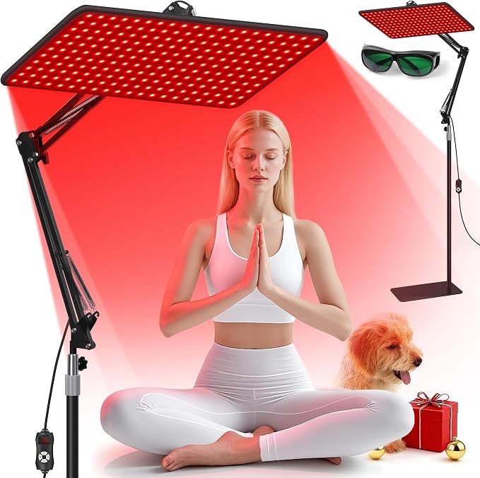 Morfone Red Light Therapy for Body Face Tri-Wavelength 660nm, 850nm, 940nm | LED Infrared Light Therapy Lamp Panel with Adjustable Stand Protective Glasses, Home Use, Gift for Women Girl, Black L