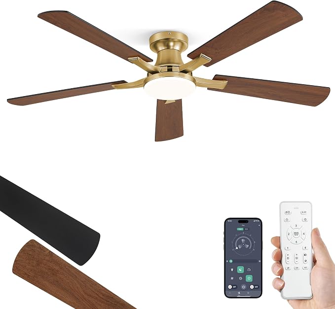 ZMISHIBO 52 Inch Ceiling Fans with Lights, Remote&App Control, Flush Mount | Low Profile, Dimmable 20W LED Light, Quiet Reversible Motor, Strong Airflow, Easy Install for Bedroom/Living Room/Apt, Gold