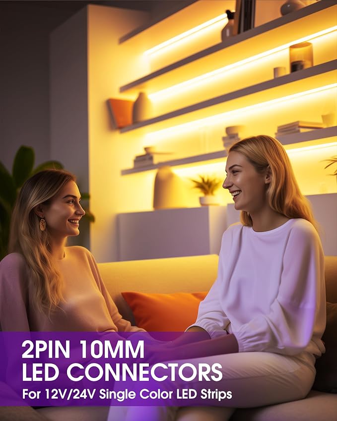 HitLights 2 Pin 10mm LED Connector Solderless 12 Pack for LED Light Strips | Strip-to-Wire, Transparent, with Screwdriver, Work with 5V/12V/24V SMD COB LED Single Color LED Strip and 14-20 AWG Wires