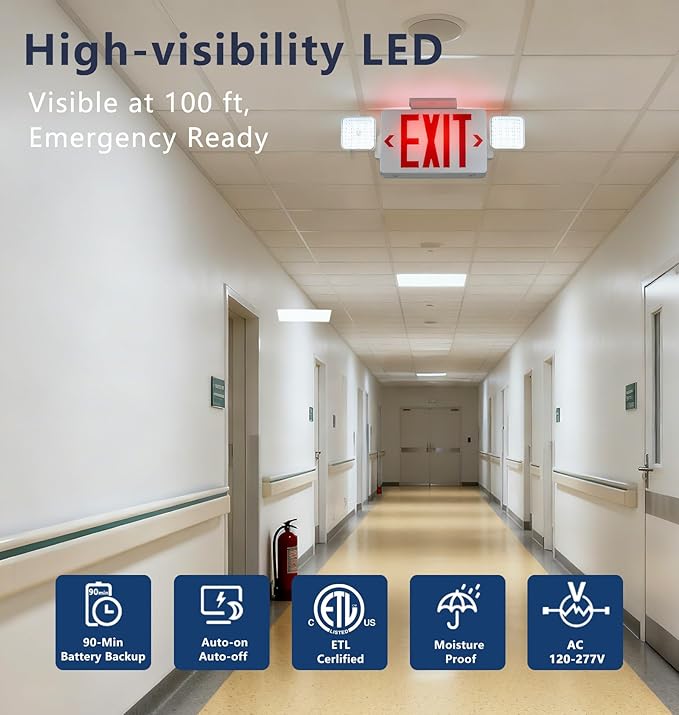 12 Pack Exit Signs with Emergency Lights, Adjustable Double Head-Hardwired with Battery Backup for Business, AC 120-277V,ETL Certified, Wall/Ceiling Mount