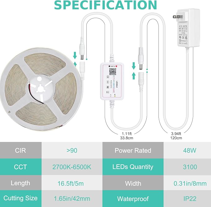 COB LED Strip Light White, 16.5ft Dimmable 2700K-6500K High Density 3100LEDs 24V Flexible LED Tape Light with Remote and APP Control, for Under Cabinet Bedroom Kitchen DIY Lighting