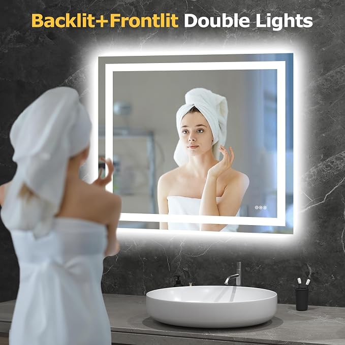 Hivone 40"X36" LED Bathroom Mirror with Lights, Anti-Fog, Dimmable, Backlit + Front Lit, Smart Bathroom Vanity Mirror, Memory Function, Shatterproof, Tempered Glass (Horizontal/Vertical)