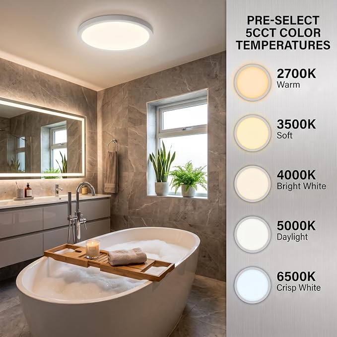 6-Pack Flush Mount 12Inch Ceiling Light Fixtures 24W Ultra-Thin 0.7" | 5CCT 2700K-3500K-4000K-5000K-6500K, Edge-Lit LED Round Flat Panel Light for Living Room Bedroom Bathroom Hallway, White