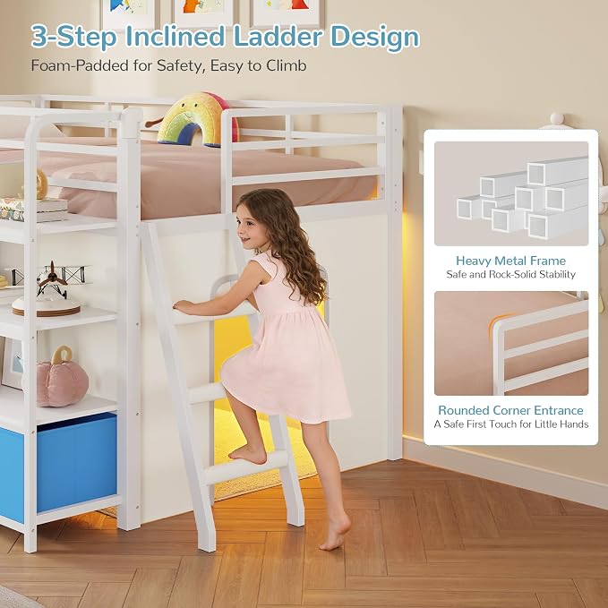 Low Loft Bed Twin Size with Desk, 6 Storage Drawers & Bookshelf, Kids Loft Bed with LED Lights & Under-Bed Play Space, Heavy Duty Metal Frame with 13.8"H Safety Guardrail & Ladder, White & Multicolor