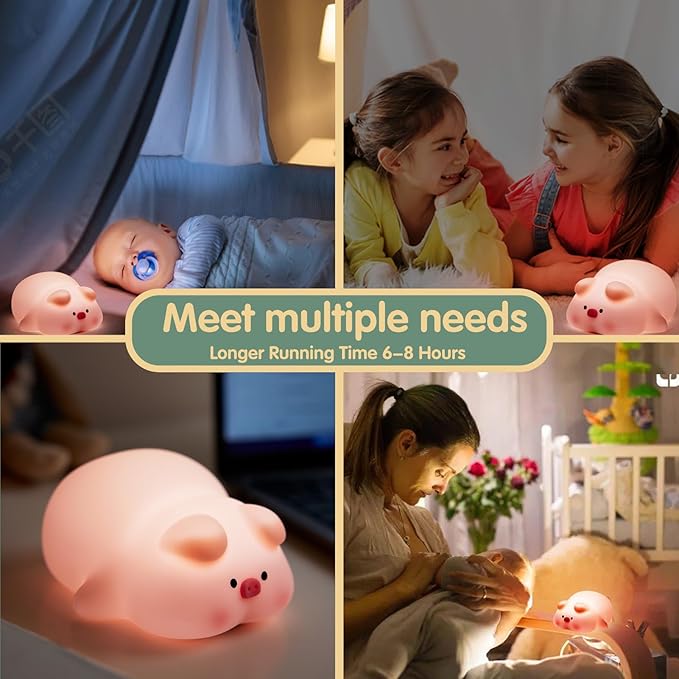 VTIGER Pink Pig Night Light, LED Squishy Cute Lamp,Night Light for Kids,Silicone Pig Light, Dimmable Girls Baby Bedroom Nightlight, Rechargeable Piggy Touch Lamp for Breastfeeding Nursery Decor