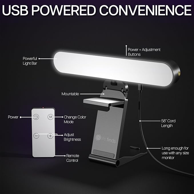 Webcam Light for Streaming on Monitor or Laptop, Freestanding Video Conference Lighting, USB-C Connectivity, Remote Control Included, Black, LF-WL1