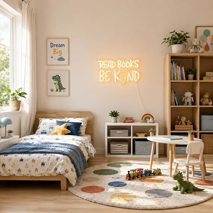 Read Books And Be Kind Neon Sign for Wall Decor Warm White Read Books Neon Light Dimmable Classroom LED Light up Signs for Study Room Bookstore Bedroom Classroom Library Decor