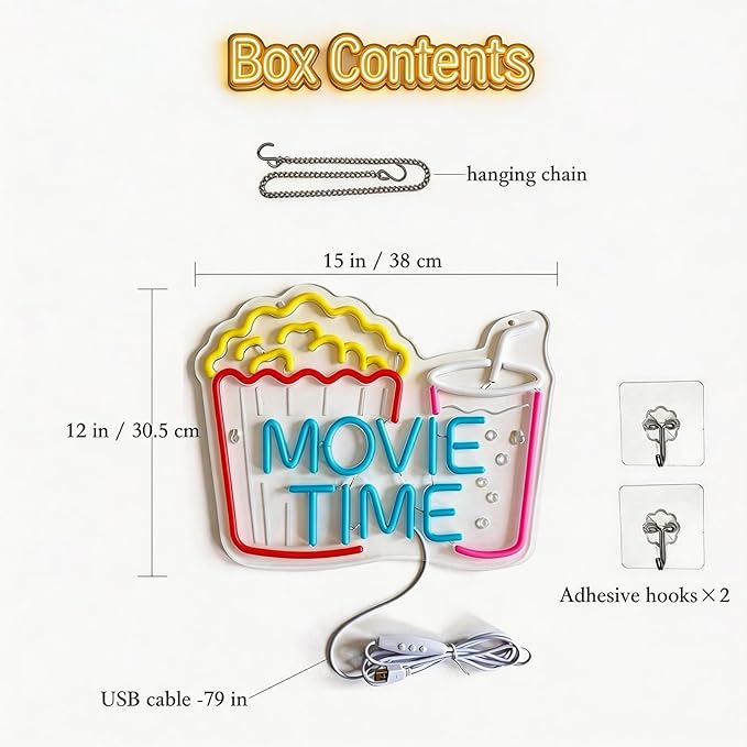 Movie Time Neon Sign with Popcorn & Drink - Dimmable LED Light for Home Theater & Movie Night Room Decor | Gift for Film Lovers (15x12”)