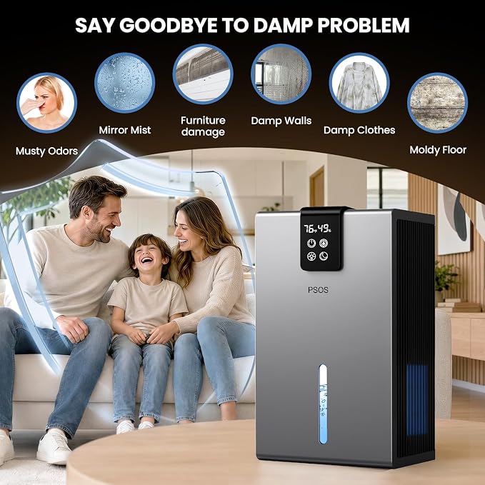 Dehumidifier, Dehumidifiers for Home, 98 OZ Water Tank, (1000 sq.ft) Quiet Dehumidifier for Basement Bathroom Bedroom with Humidity Display, Auto Shut Off, Relaxing 7 Color Ambient Light(Gray)