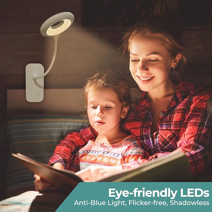 CUHIOY Rechargeable Clip on Reading Light for Bed Headboard, White, 1 Pack | Battery Clamp Bunk Bed Light, 5 Colors 5 Brightness Flexible Neck Desk Lamp, Flicker-Free Touch Control Kids Book Light