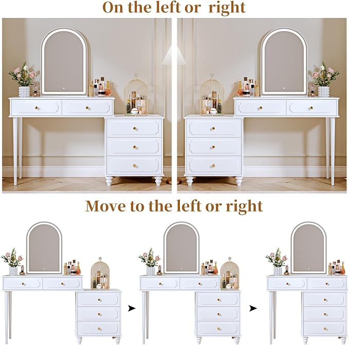 Ieejdn Cream,Vanity Desk with Mirror and Lights,Makeup Vanity with Power Outlet and Adjustable Cabinet,Modern Makeup Table with 3 Drawers for Bedroom Makeup Room0032