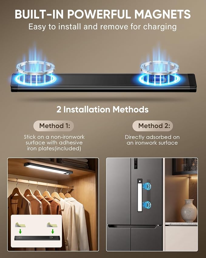 MCGOR 5 Pack 10inch Under Cabinet Lighting, Rechargeable Motion Sensor Light Indoor with 3 Color Temps, Dimmable Magnetic Led Closet Lights, Wireless Under Counter Lights for Kitchen, Stairs,Black
