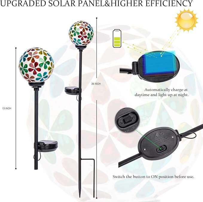 VCUTEKA Decorative Solar Garden Lights, 3.5" Mosaic Globe Outdoor Stake | Mosaic Glass Globe Design, Solar LED Light, Waterproof Design, Auto On/Off and Metal Stake Design for Lawn and Patio