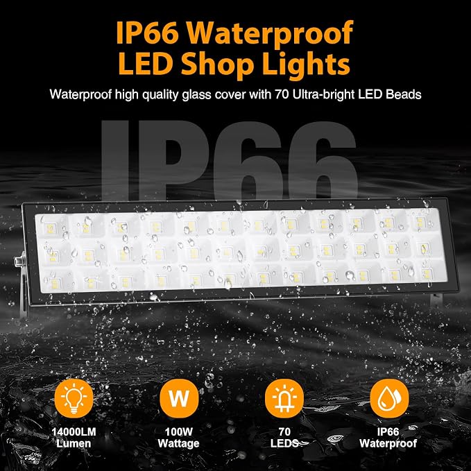 Shop Lights for Workshop,2pack 100w Led Shop Light,14000lm Super Bright Plug In Garage Lighting,IP66 Waterproof Work Lights,4.92ft Power Cord And On/Off Switch,6500k Outdoor Flood Light For Warehouse