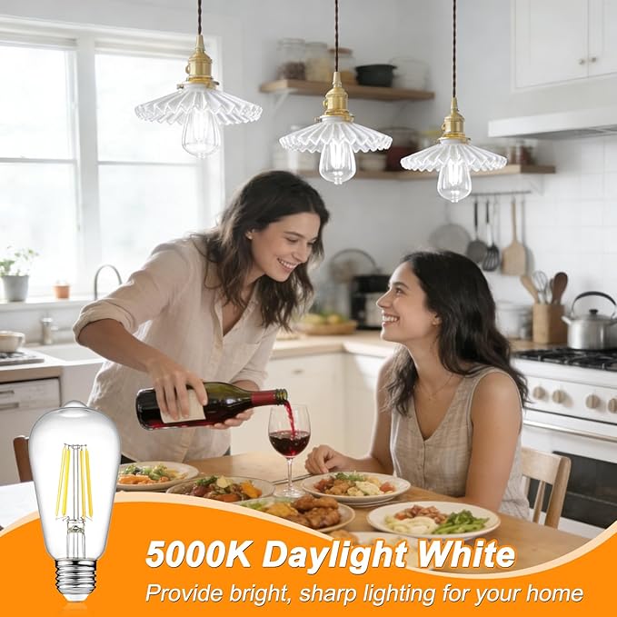 Ascher Vintage LED Edison Bulbs, 6W, Equivalent 60W, Non-Dimmable, Daylight 5000K, 700Lumens, ST58 Antique LED Filament Bulbs with 80+ CRI, E26 Medium Base, Clear Glass, Pack of 12