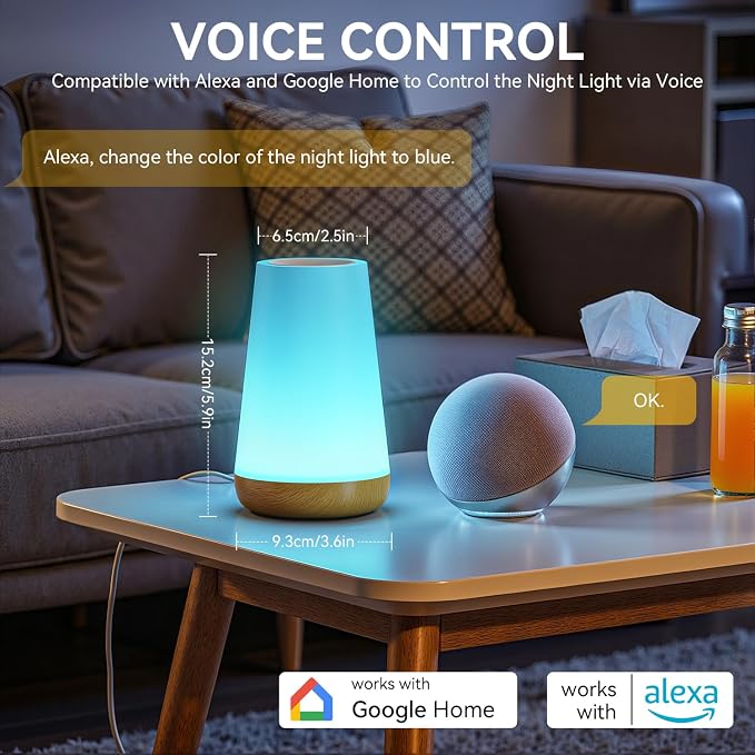 Auxmir Smart Night Light, App/Voice Control Table Lamp with Timer(Corded) | works with Alexa and Google Assistant, touch control, RGB colors and dimmable lighting, 100+ scene modes and music sync