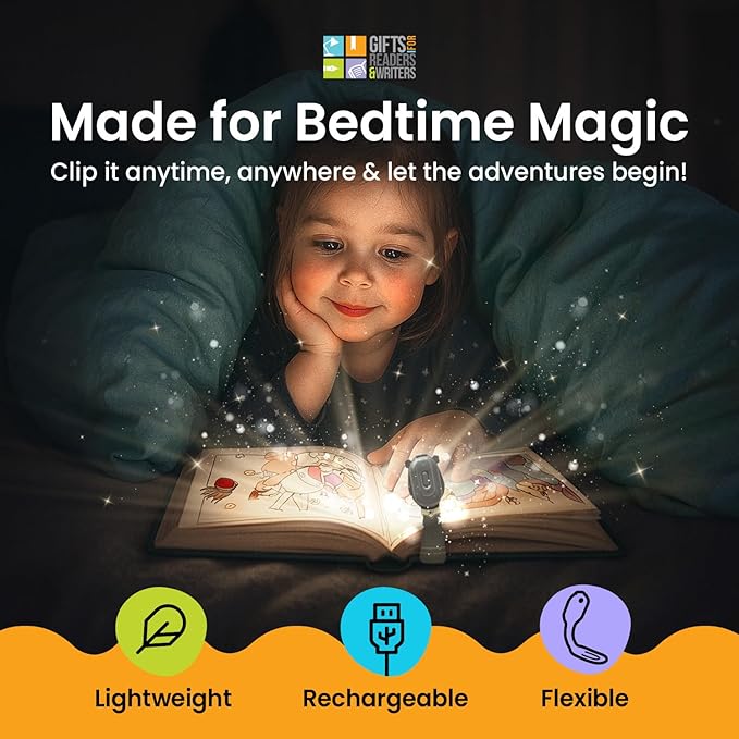 Gifts for Readers & Writers Rechargeable Book Light for Kids, Clip On Reading Light for Bed, 2in1 Flexilight Pals & Bookmark, 12 Hours of Light Once Charged, Includes USB Cable & 2 LED Lights, Pirate