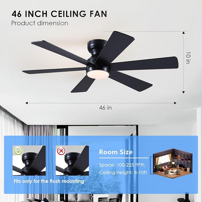 Asyko 46"Black 6-Blade Modern Low Profile Ceiling Fan with Light and Remote | 6 Double-Sided Blades,6 Wind Speeds, Reversible,Dimmable 3 CCT LED Light, 25W Quiet DC Motor,1/2H Timer,for Bedroom Kitchen