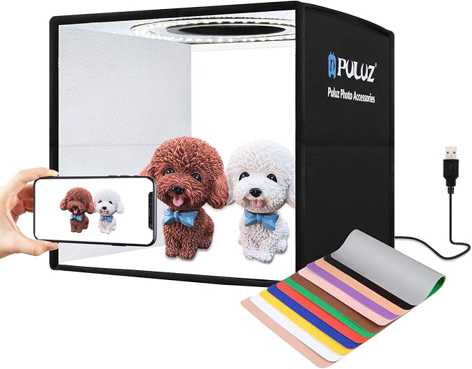 PULUZ 9.8"/25cm Foldable Portable Photo Studio Light Box, Adjustable Brightness Light Box Photography Lighting Shooting Tent Kit, with LED Lights and 12 Colors Backdrop