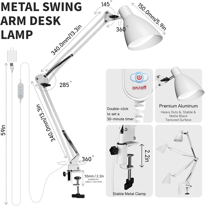 Swing Arm Desk Lamp with Clamp, Adjustable Arm LED Clamp on Desk Lamps with 5 Color Modes and 10 Brightness for Home Office Reading Drafting Study (White)