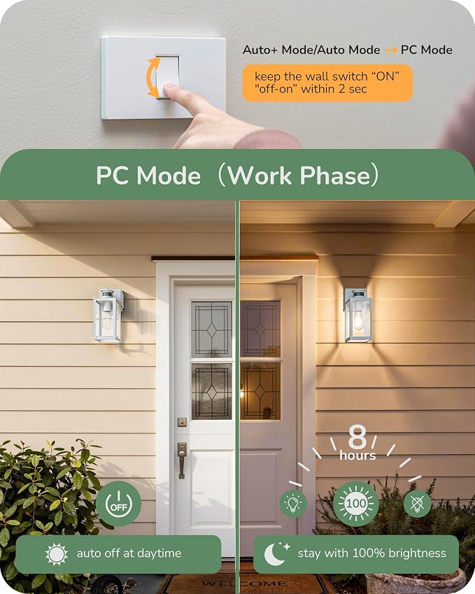 EDISHINE Porch Light with GFCI Outlet, Motion Sensor & 3 Modes, 12" H Dusk to Dawn Outdoor Wall Lights, Exterior Wall Sconce with Clear Glass for Front Door, Garage, Patio, White, 2 Pack