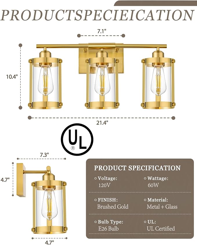 3-Light Brushed Gold Bathroom Light Fixtures, 21 Inch Modern Bathroom Vanity Lighting Fixtures Over Mirror with Clear Glass and Metal Cage Wall Sconce Lights for Bath, E26, OS-3014BG-3W