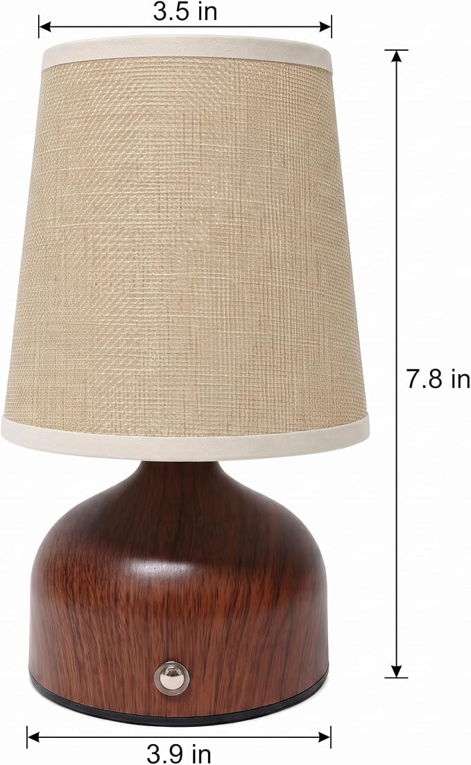 Small Cordless Table Lamp with Fabric Shade, 3 Color Temperature Stepless Dimming Rechargeable Battery Operated Nightstand Lamp, Wood Grain Bedside Lamp for Bedroom Living Room Home Decor