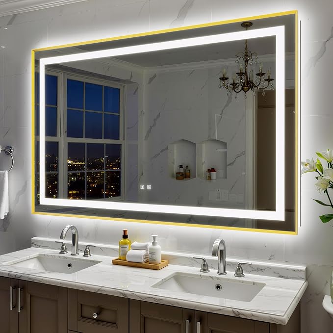 60X36 Inch LED Bathroom Mirror with Lights, Gold Frame Frontlit+ Backlit Bathroom Vanity Mirror for Wall, Ultra-Clear Tempered Glass, Shatter-Proof, Anti-Fog and Memory Function, ETL Listed