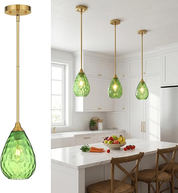 Glass Pendant Lights Kitchen Island, 1-Light Modern Green Pendant Light Fixtures with Hammered Glass and Rods, Small Hanging Light for Kitchen Sink Dining Room Bathroom