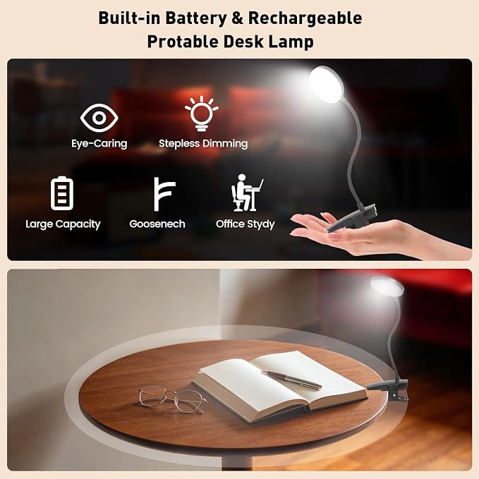 Cordless Rechargeable Clip On Desk Lamp Thick Flexible 360° Gooseneck | 450 Lumen Eye Protect Light,30 Custom Lighting Modes,5-30H Long Life Battery for Bed Headboard Desk Puzzle Craft ,Black 2 Pcs