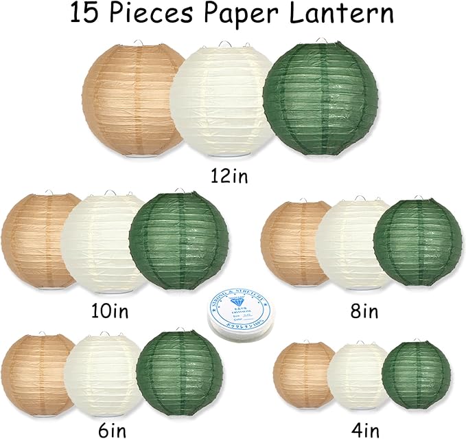 15 Pcs Dark Green Brown Hanging Paper Lanterns 4-12 Inch - Forest Woodland Baby Shower Decorations with Clear Fishing Line, Jungle Safari Birthday Party and Rustic Wedding Decor