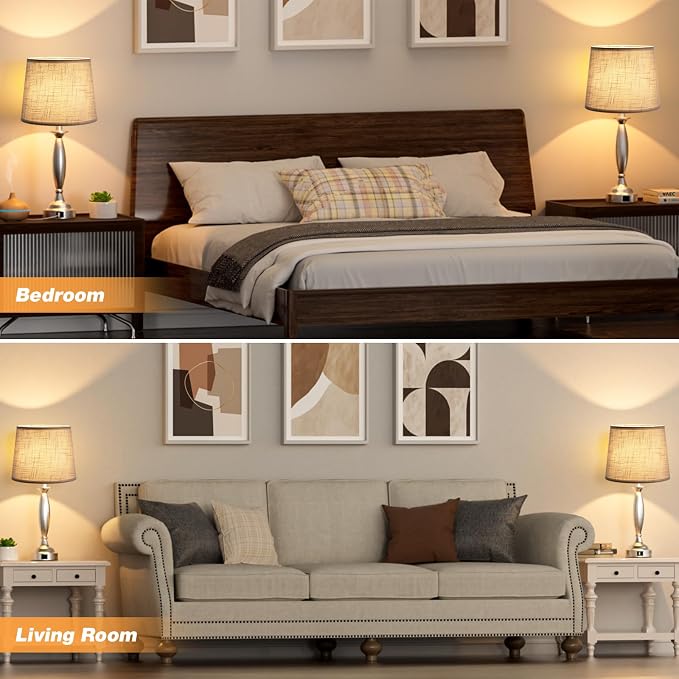 Bedroom Lamps for Nightstand, 3 Way Dimmable Silver Bedside Lamps with USB | Touch, USB C+A Ports, Bulb Included, Gray Shade, Silver, Chrome, Bed Side lamps for Night Stands, Living Room