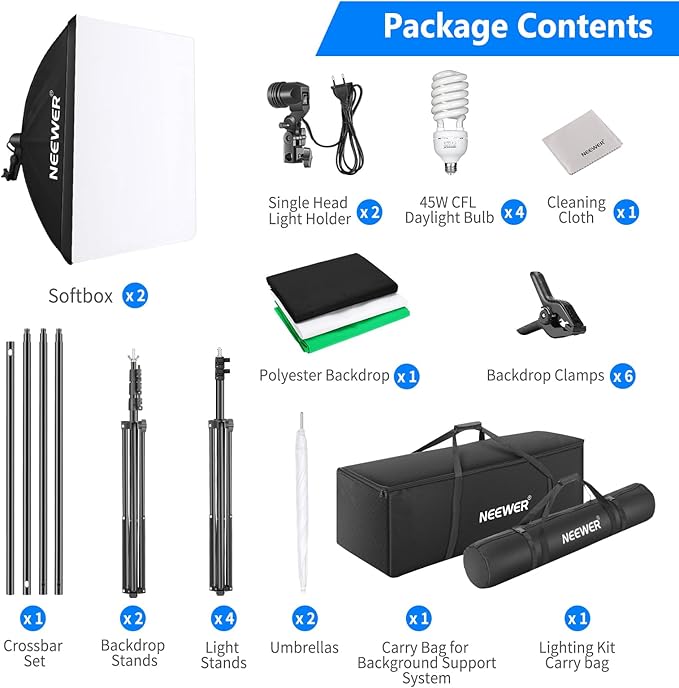 NEEWER Photography Continuous Lighting Kit with Backdrops, 8.5x10ft Stands, 5700K 800W Equivalent 24W LED Bulbs Umbrellas Softboxes Cleaning Cloth, Photo Studio Light Kit for Video Recording Streaming