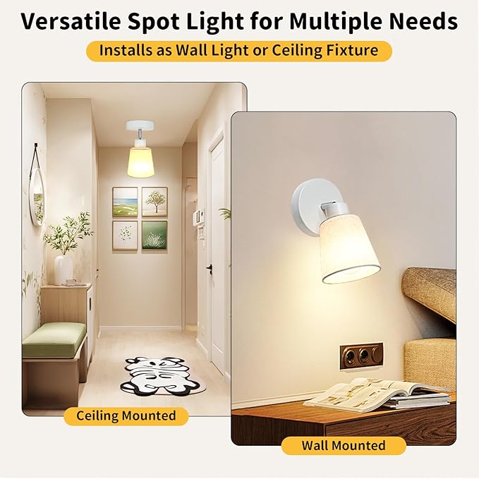 HiBay 1-Light Ceiling Track Lighting Fixture Farmhouse, Modern White Directional Flush Mount Spotlight w/Linen Shade for Bedside Picture Studio Art, E26 Base (Bulbs Not Included)