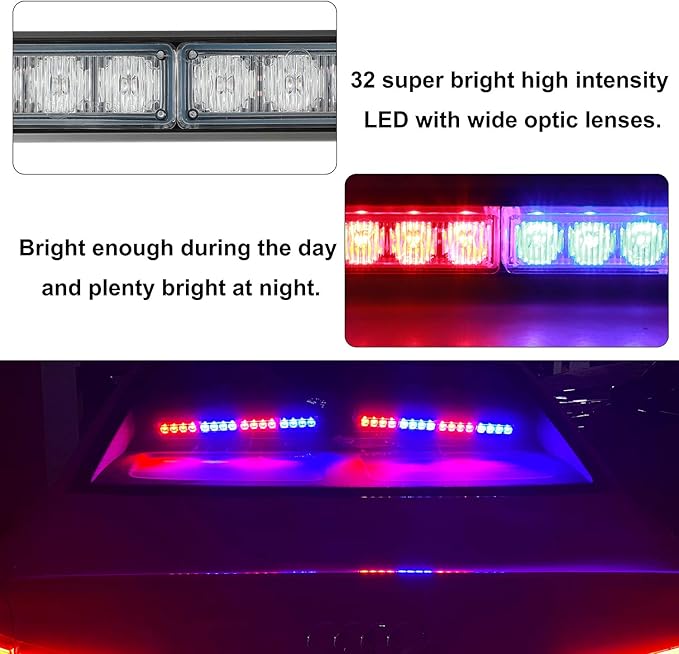 ASPL 2x16.8 inch Emergency Flashing LED Traffic Advisor Strobe Light Bar 32LED 26 Flash Patterns Interior Safety Warning Lights (Red/Blue)