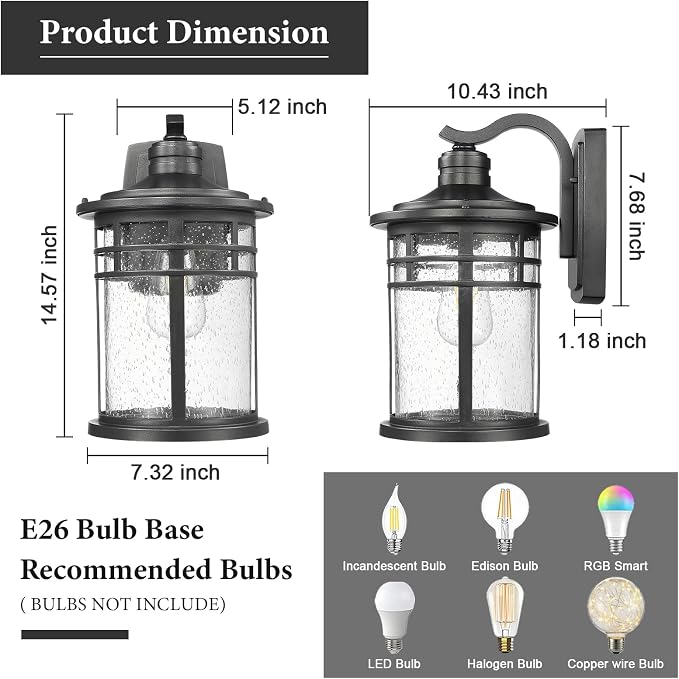 Darkaway Large Outdoor Porch Lights Wall Mount, 15inch Outdoor Light Fixtures Sconces Wall Lighting with Seeded Glass Exterior Lights for Patio Yard House Hallway Doorway Garage(Large, Black)