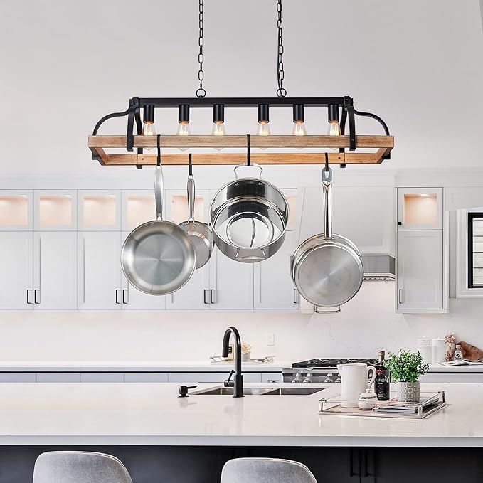 WUZUPS 6-Light Metal Pot Hanging Rack Chandelier Imitation Light Wood Grain Linear Pendant Ceiling Lighting Rustic Farmhouse Fixture Kitchen Island Dining Room, H 9.8" L 40.6" W11.8, E26 Base, Black