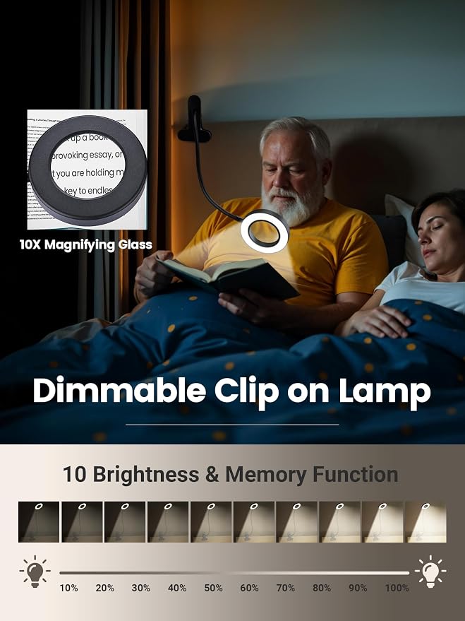10X Magnifying Glass with Light,5 Colors+10 Brightness Magnifier with Light | 750 Lumen Magnifying Lamp, 58 LED Clip on Reading Lights for Books in Bed, Clip on Lamp for Desk/Headboard/Nail/Craft/Puzzle
