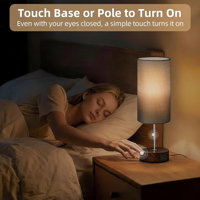 Table Lamp for Nightstand, High-Sensitivity Touch, 3-Level Dimmable Bedside Lamp with AC Outlet | USB | and USB-C, Ideal Night Stand Lamp for Bedroom (1, Grey&Walnut)