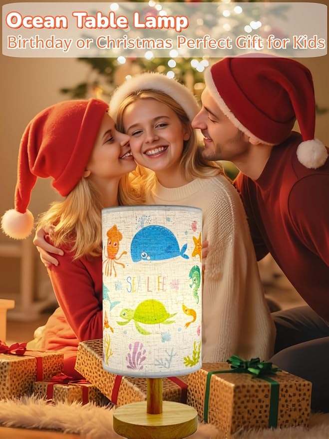 Ocean Lamp,Ocean Kids Table Lamp for Bedroom Bedside Lamps,Gifts for Sea Lovers-3 Color LED Nightstand Night Light with Cartoon Flaxen Fabric Shade Desk Lamp for Girls Boys Room Nursery Decor
