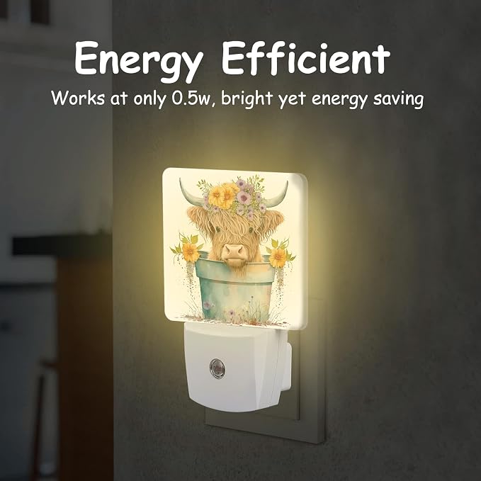 Night Light,Cartoon Highland Calf in Flower Pot Plug-in Night Light Auto Dusk-to-Dawn Sensor Energy Efficient LED Lamp for Room Decor,Hallway,Kitchen,Bathroom,Nursery,Stairs