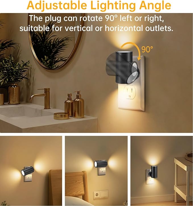 LED Night Light Plug in, Night Lights Plug into Wall Dusk to Dawn Sensor,5-300LM Adjustable Brightness, 2700K,Dimmable Night Lights for Kitchen,Hallway Bedroom,Stairway,2 Pack